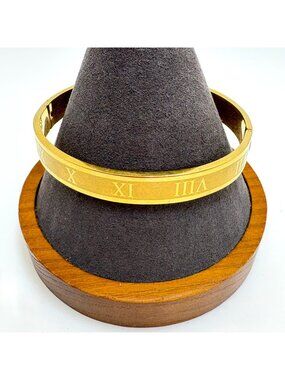 Edforce Roman Numeral Gold Tone Stainless Steel Bangle Bracelet Hinged